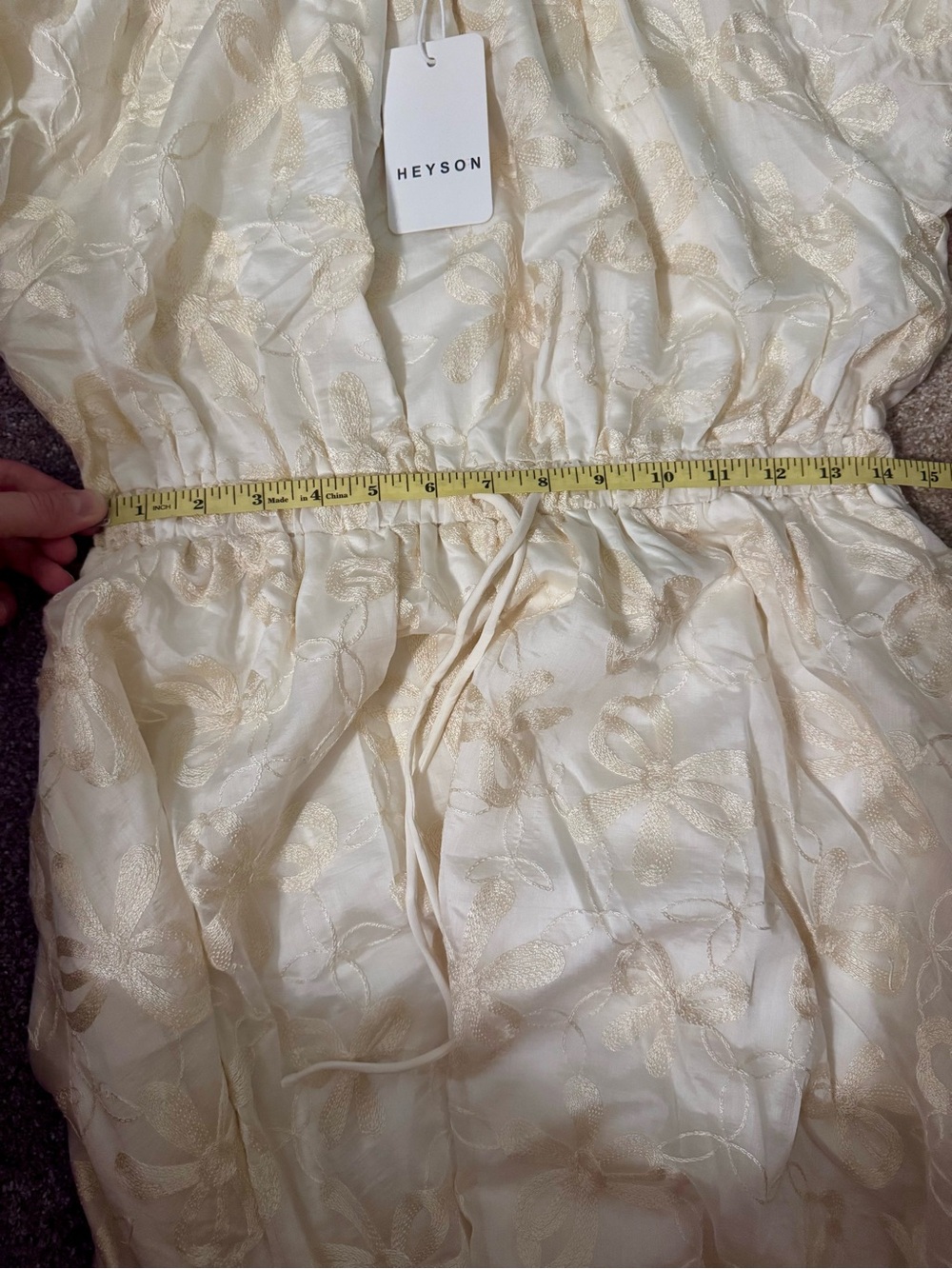 Neutral Cream Embroidered Midi Dress with Drawstring Waist - Picture 7 of 9